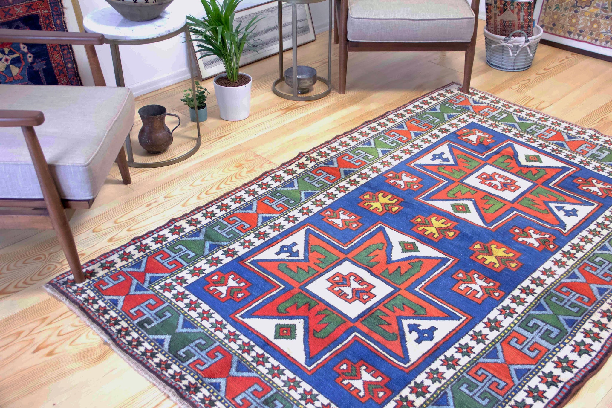 Turkish Area Rug 4x5 Living Room Rug Handmade Geometric Rug 