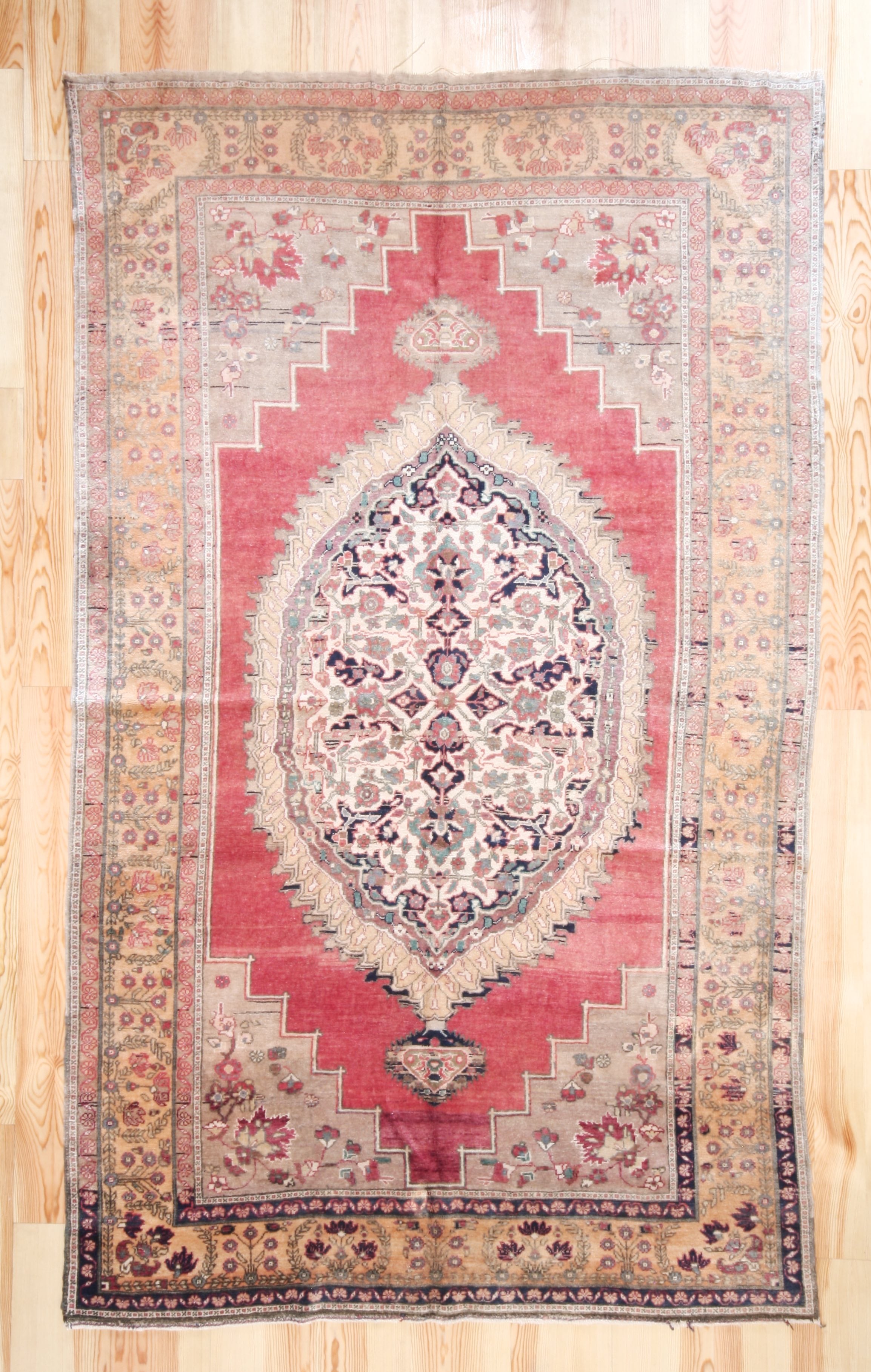 6x11 Vintage Central Anatolian Oushak Style 'Taspinar' Turkish Area Rug |  Bold Medallion Muted Colors Floral Border | SKU 438