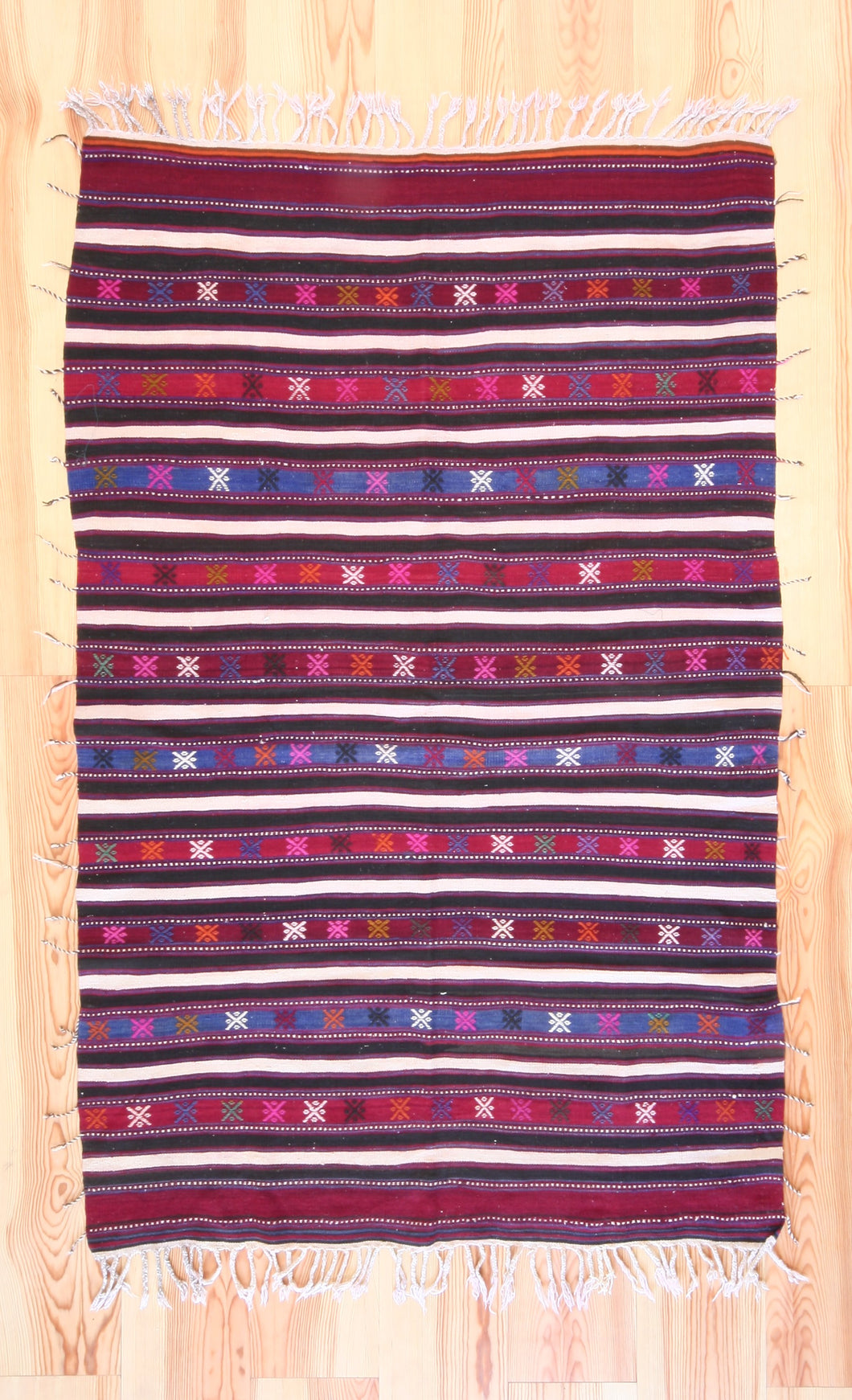 5x7 Vintage Anatolian Turkish Kilim Area Rug | Strips with bold colors and tribal symbols | SKU 453